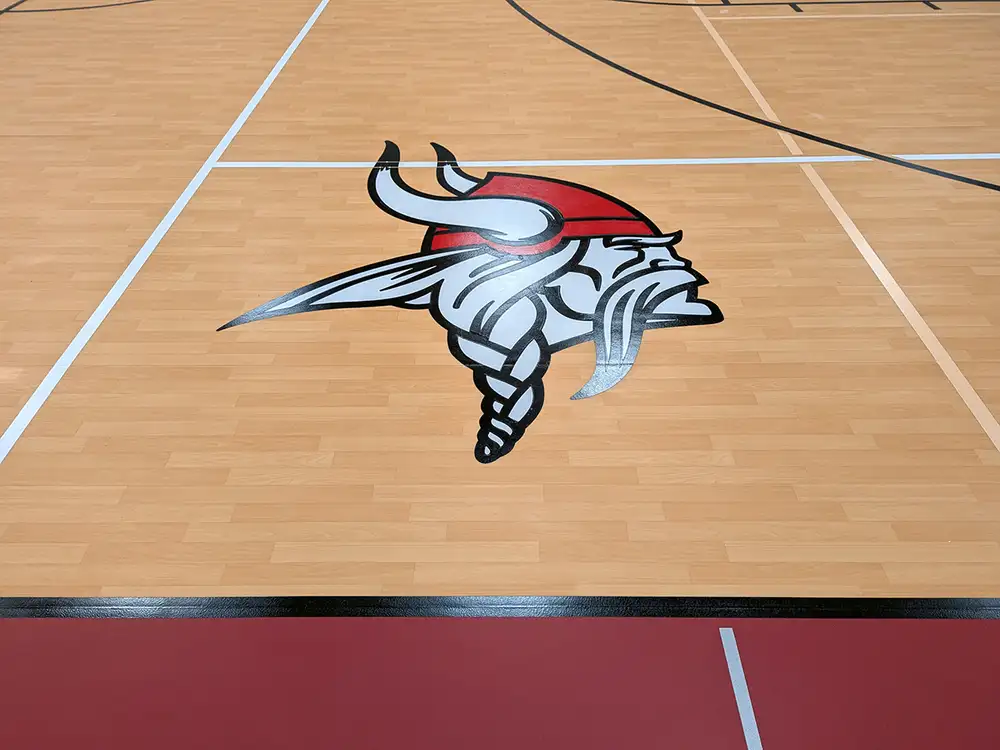 SportGrain Plus court with the Vikings logo at St. Paul's Lutheran School